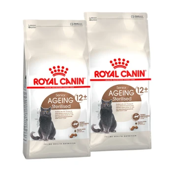 Opakowanie karmy dla kotów Royal Canin Senior Ageing 12+ Sterilised, z ilustracją szarego kota, podkreślające utrzymanie wagi i zdrowe starzenie się.