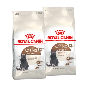 Verpackung für Royal Canin Senior Ageing 12+ sterilisiertes Katzenfutter, mit einer Illustration einer grauen Katze, die Gewichtserhaltung und gesundes Altern betont.
