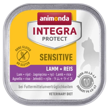 Verpackung für Nassfutter für Hunde mit "Animonda Integra Protect Sensitive" mit Lamm und Reis, glutenfrei, und Informationen zur veterinärmedizinischen Diät.