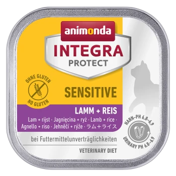 Verpackung für Nassfutter für Hunde mit "Animonda Integra Protect Sensitive" mit Lamm und Reis, glutenfrei, und Informationen zur veterinärmedizinischen Diät.