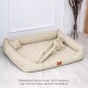 Beige Haustierbett mit erhöhten Rändern und weichem Innenraum, beschriftet mit "Bezug nicht enthalten, separat auf Anfrage erhältlich."
