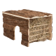 Holzhaustierversteck mit einer rindenähnlichen Außenseite und einem mit Heu gefüllten Inneren, mit einem Torbogen-Eingang.