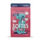 Emballage coloré de friandises pour chiens "Softies Rind" avec un chien de dessin animé et le texte : "Ideal fürs Training," "Sitz!," "High Five!," "Platz!"