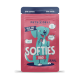 Kolorowe opakowanie przysmaków dla psów "Softies Rind" z rysunkowym psem i tekstem: "Ideal fürs Training," "Sitz!," "High Five!," "Platz!"