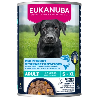 EUKANUBA Hundefutterdose — 'Rich in Trout with Sweet Potatoes', Adult +1–7 Jahre S–XL, 'Supports healthy digestion'.
