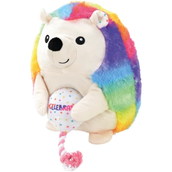 Ein farbenfrohes Plüsch-Igelspielzeug mit einer Regenbogenmähne, das einen weißen Ball mit dem Text "CELEBRATE" in bunten Punkten hält.