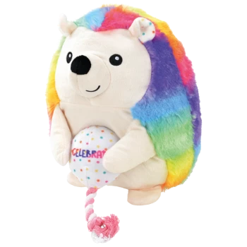 A colorful plush hedgehog toy with a rainbow fur mane, holding a white ball with the text "CELEBRATE" in colorful dots.