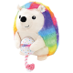 Un jouet hérisson en peluche coloré avec une crinière en fourrure arc-en-ciel, tenant une balle blanche avec le texte "CELEBRATE" en points colorés.