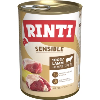 Boîte de nourriture pour chiens Rinti Sensible, contenant 100 % d'agneau et de pommes de terre, avec une étiquette sans gluten et des images de morceaux de viande.
