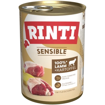 Rinti Sensible Hundefutterdose, die 100 % Lamm und Kartoffeln enthält, mit einem glutenfreien Etikett und Bildern von Fleischstücken.
