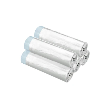 Vier Rollen klarer Kunststoff-Haustierabfallbeutel, die übereinander gestapelt sind, mit einem blauen Kern für einfaches Entnehmen.