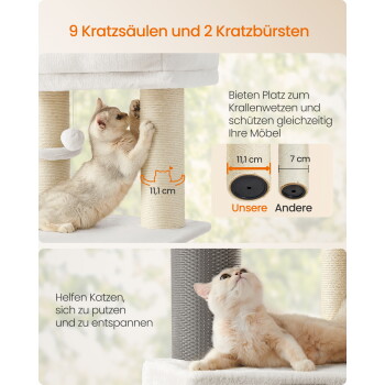 Zwei beige Katzen auf einem beigen Kratzbaum mit dicken 11,1 cm Sisalpfosten; sichtbarer Text „9 Kratzsäulen und 2 Kratzbürsten“ sowie „Unsere“/„Andere“.