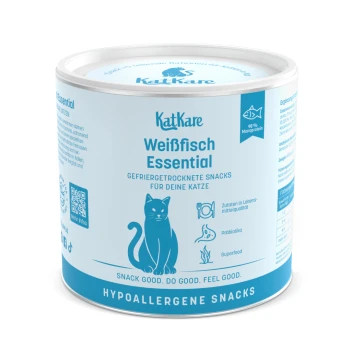 KatKare Weißfisch Essential gefriergetrocknete hypoallergene Katzensnacks mit 98 % Monoprotein, Probiotika und Superfood.