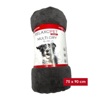 Aufgerolltes dunkelgraues RELAXOPET Cosy MULTI-DRY Haustierhandtuch mit Hundeabbildung und Etikett, 75 x 90 cm