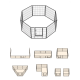 Illustration eines schwarzen Metallspielzauns für Haustiere in achteckiger Form mit einer Tür, neben verschiedenen Konfigurationen für unterschiedliche Aufstellungen.