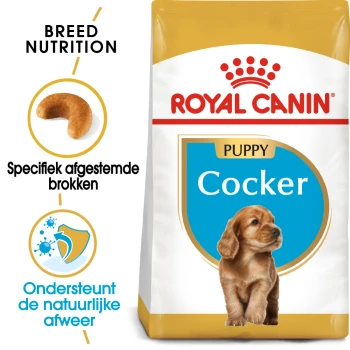 Royal Canin Puppy Cocker hondenvoerzak met ras-specifieke voeding, met iconen die op maat gemaakte brokjes en ondersteuning voor natuurlijke verdedigingen aangeven.
