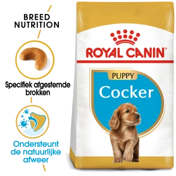 Royal Canin Puppy Cocker hondenvoerzak met ras-specifieke voeding, met iconen die op maat gemaakte brokjes en ondersteuning voor natuurlijke verdedigingen aangeven.