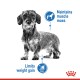 A black and white image of a dog with text highlighting benefits: "Maintains muscle mass" and "Limits weight gain," with icons.