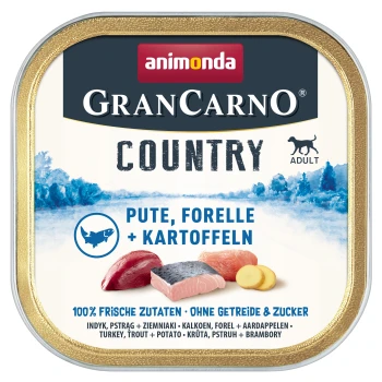 Ein Bild einer Animonda GranCarno Country Haustierfutterdose, mit "Pute, Forelle + Kartoffeln" auf dem Etikett.