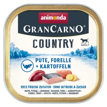 Obrazek puszki karmy dla zwierząt Animonda GranCarno Country, z napisem 'Pute, Forelle + Kartoffeln' (Indyk, Troć + Ziemniak) na etykiecie.