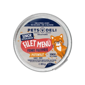 Runde Dose Pets Deli Senior Hypoallergenes Putenfilet-Menü Katzenfutter, 85 g, mit orangefarbener Katzenillustration.