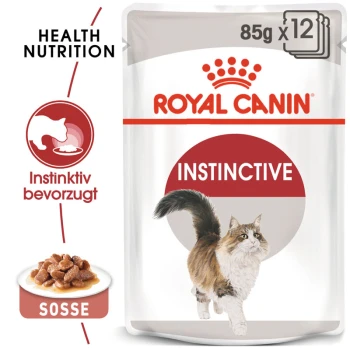 Instinctive Adult in Soße 12x85 g Royal Canin Instinctive Katzenfutterbeutel, 85g x 12, mit einer Illustration einer rennenden Katze, mit den Texten "Health Nutrition" und "Instinktiv bevorzugt".