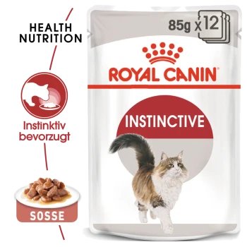 Royal Canin Instinctive Katzenfutterbeutel, 85g x 12, mit einer Illustration einer rennenden Katze, mit den Texten "Health Nutrition" und "Instinktiv bevorzugt".