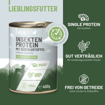 Etikett einer Dose Insekten-Hundefutter: 'OFFENE DEKLARATION', 76% INSEKTEN und Brühe, 10% Kohlenhydrat, 7% Gemüse, Recycling-Symbol.