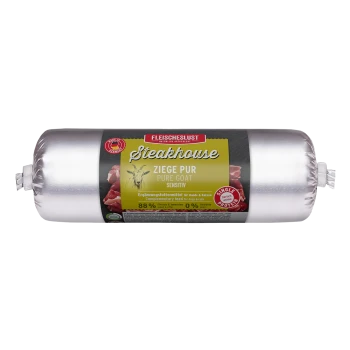 Silberne Tierfutterrolle mit Aufschrift 'Steakhouse Ziege Pur / Pure Goat Sensitiv', 88% Fleisch, 0% Getreide, Einzelprotein