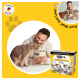 Person füttert zwei Katzen aus einer DOGS'n TIGER-Schale, mit DOGS'n TIGER Schlemmerbox und „Made in Germany“-Badge vor gelbem Hintergrund.