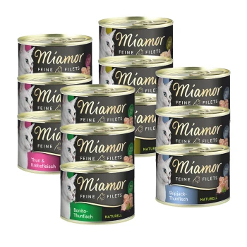 Feine Filets naturell Mixpaket 12x156g Eine Anzeige von Miamor-Katzenfutterdosen mit verschiedenen Geschmacksrichtungen, darunter Thun & Krebsfleisch, Bonito-Thunfisch und Skipjack-Thunfisch.