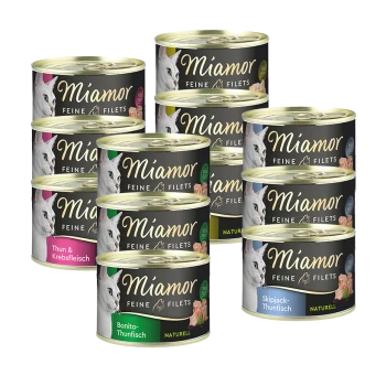 Eine Anzeige von Miamor-Katzenfutterdosen mit verschiedenen Geschmacksrichtungen, darunter Thun & Krebsfleisch, Bonito-Thunfisch und Skipjack-Thunfisch.