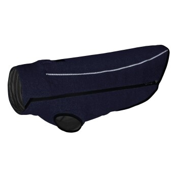 Ein marineblauer Hundemantel mit einem reflektierenden Streifen und einer Reißverschlusstasche, entworfen für Wärme und Komfort.