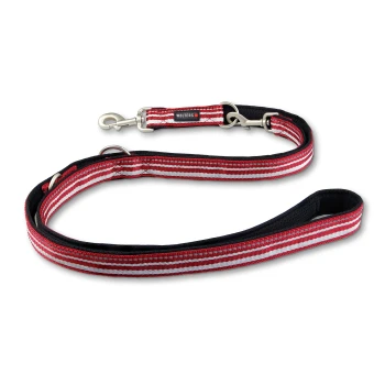 Rot-weiß gestreifte Wolters Hundeleine mit Metallclips und gepolstertem Griff auf weißem Hintergrund.