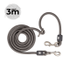 Aufgerollte graue geflochtene 3 m Hundeleine mit zwei Metallkarabinern, Schlaufenhandgriff und Abzeichen 'NEW 3m'.