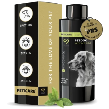 Schwarze Flasche von Petcare Petdog Protect 2161 mit einem Tropfer, mit einem goldenen Wirksamkeitsstempel und einem Hundebild auf dem Etikett.