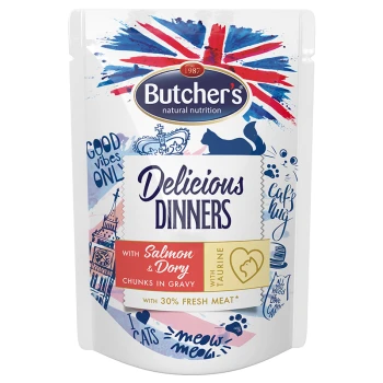 Torebka karmy dla kotów Butcher's Delicious Dinners z kawałkami łososia i dory w sosie, z 30% świeżego mięsa i tauryną.