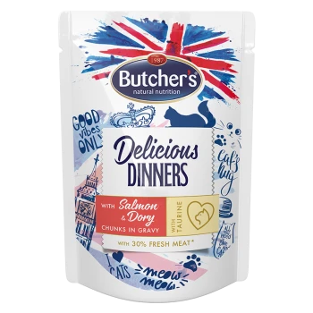 Torebka karmy dla kotów Butcher's Delicious Dinners z kawałkami łososia i dory w sosie, z 30% świeżego mięsa i tauryną.