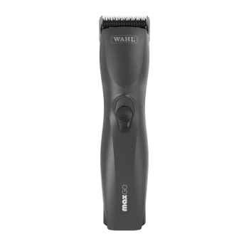 Ein schwarzer Wahl-Haustierclipper mit strukturiertem Griff und einem Netzschalter, mit dem Markennamen "Wahl" und dem "maxGO"-Logo.