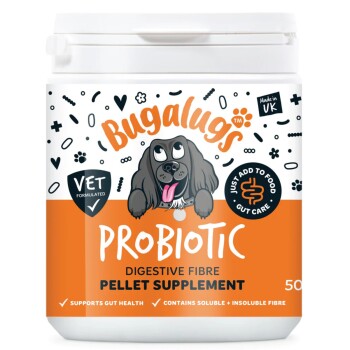 Bugalugs Probiotic Digestive Fibre Pellet-Ergänzungsdose für Hunde mit Hundeillustration; tierärztlich entwickelt, 'Einfach zum Futter geben'