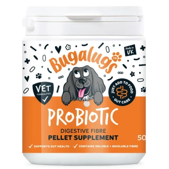 Bugalugs Probiotic Digestive Fibre Pellet-Ergänzungsdose für Hunde mit Hundeillustration; tierärztlich entwickelt, 'Einfach zum Futter geben'