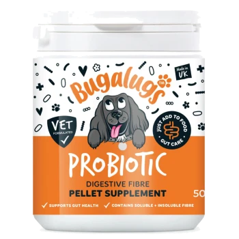 Bugalugs Probiotic Digestive Fibre Pellet-Ergänzungsdose für Hunde mit Hundeillustration; tierärztlich entwickelt, 'Einfach zum Futter geben'