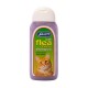 Johnson's cat flea cleansing shampoo bottle, featuring a purple design and an image of an orange cat, labeled with "Contains Natural Herbal Extracts."