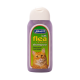 Johnson's cat flea cleansing shampoo bottle, featuring a purple design and an image of an orange cat, labeled with "Contains Natural Herbal Extracts."