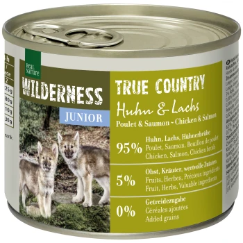 WILDERNESS Junior True Country, Huhn und Lachs 6x200 g Dosenfutter "Wilderness True Country Junior" mit Huhn, Lachs und verspielten Wolfwelpen auf dem Etikett. 95% Fleisch, 5% Früchte/Kräuter.