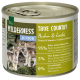 Dosenfutter "Wilderness True Country Junior" mit Huhn, Lachs und verspielten Wolfwelpen auf dem Etikett. 95% Fleisch, 5% Früchte/Kräuter.