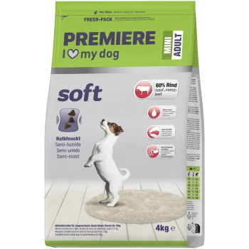 Worek miękkiej karmy dla psów Premiere Mini Adult z 60% wołowiny, półwilgotnej, dla małych ras do 10 kg, 4 kg.