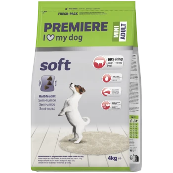 Worek miękkiej karmy dla psów Premiere Mini Adult z 60% wołowiny, półwilgotnej, dla małych ras do 10 kg, 4 kg.