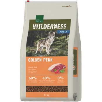 Sack Real Nature Wilderness Adult Haustierfutter 'Golden Peak' mit Wolfsbild, Gans & Ente, 12 kg, Angaben 60%/40%/0%.