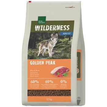 Zak Real Nature Wilderness Adult dierenvoer 'Golden Peak' met afbeelding van een wolf, Gans & Eend, 12 kg, labels 60%/40%/0%.